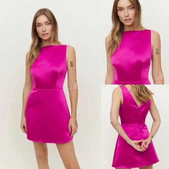Reformation Dresses & Skirts - Reformation Zenni silk dress sleeveless mini boat neckline rhubarb pink NWT 2